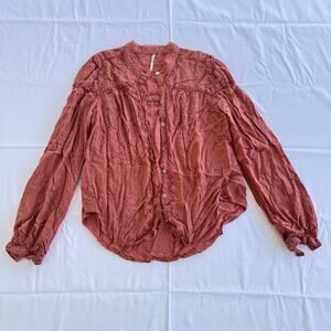 Free People XS Pink Swiss Dot Crochet Button Front Boho Blouse Top